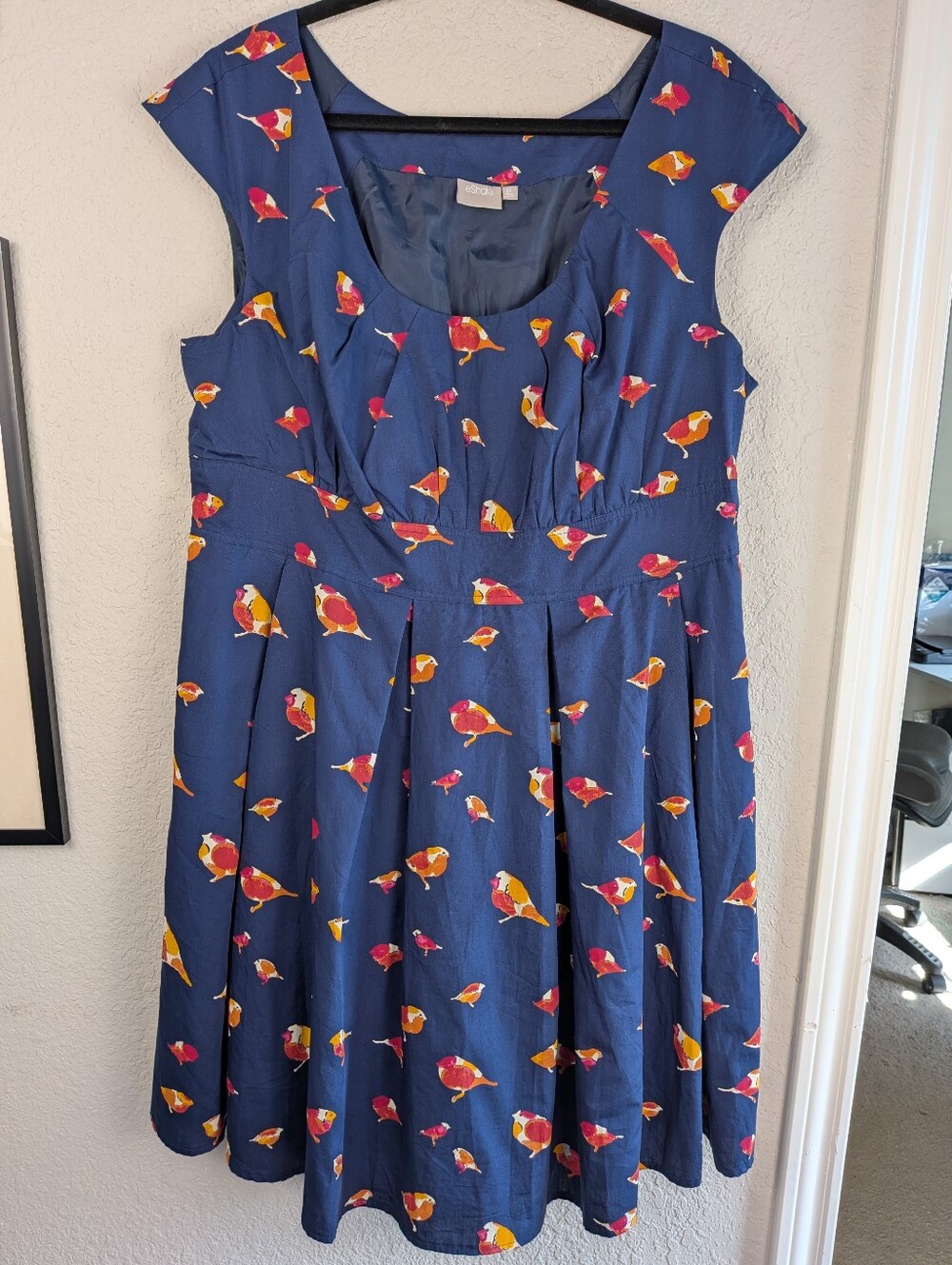Eshakti A-Line Dress 2X 22W Knee Length Navy Bird Pattern Cap Sleeve Cotton